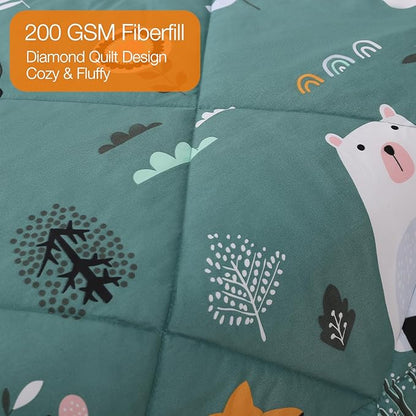 JSD Green Forest Animals Kids Comforter Set Queen Size, 3 Piece Woodland Printed Microfiber Bedding Set, Machine Washable