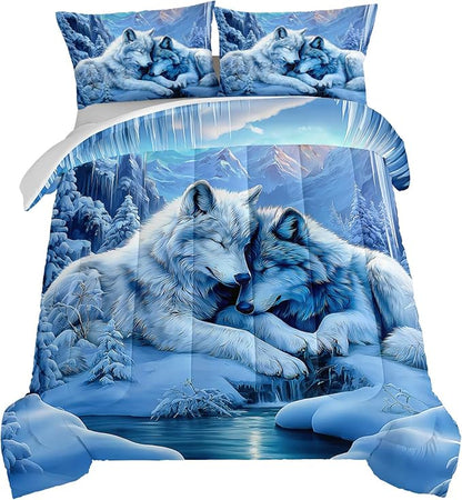 HOSIMA Queen Comforter Set for Kids,Wolves Snuggling up Together in Cave,Snow Mountains Pattern Animal Bedding for Girls Boys Room Decor,Lightweight Fluffy Wolf Comforter with 2 Pillowcases.