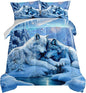 HOSIMA Queen Comforter Set for Kids,Wolves Snuggling up Together in Cave,Snow Mountains Pattern Animal Bedding for Girls Boys Room Decor,Lightweight Fluffy Wolf Comforter with 2 Pillowcases.