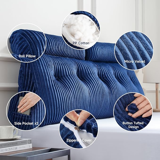 Z-hom King Size Wedge Headboard Pillow with 2 Roll Cushions, Large Reading Pillow for Bed Sitting Up, Triangular Backrest Cushion for Headboard, Supportive Pillow for Back Pain Relief, Blue
