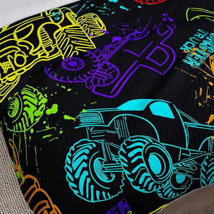 QOOMO Truck Quilt Set Full/Queen Size,Car Bedspread Coverlet Set,Vehicle 3Pcs Bedding Set Printed Quilt with 2 Pillowcases,Soft and Lightweight,for All Seasons