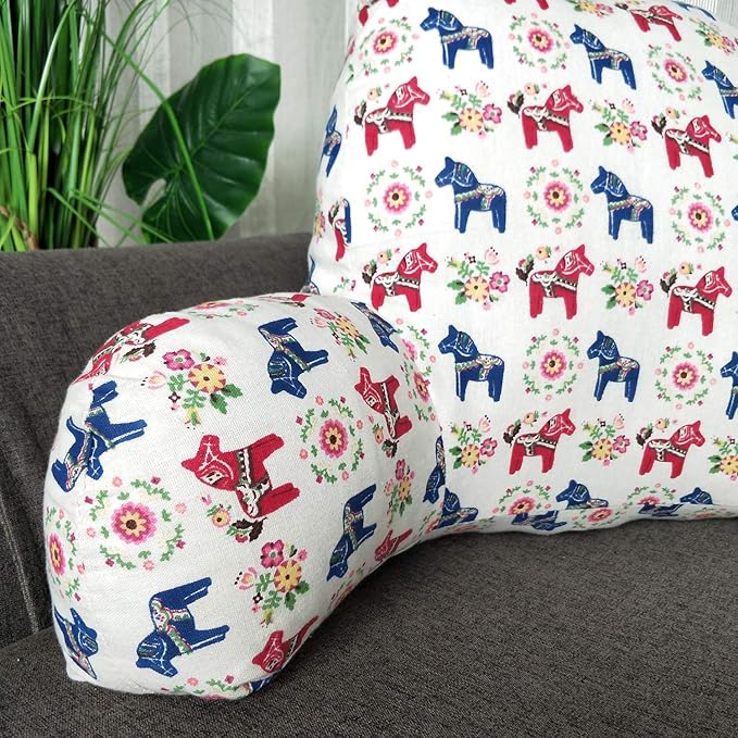 Bohemian Printed Reading Pillow with Support Arms Soft Bed Rest Pillows Back Support Cushion for Kids Reading Watching TV Sitting Up in Bed (23"×16"×10",Horse)
