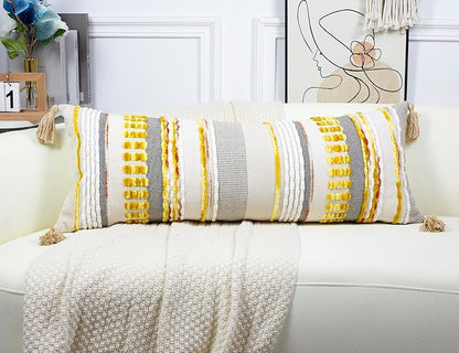 Chenille and Cotton Long Pillow for Bed, Striped Textured Boho Lumbar Throw Pillow Cover 14x36, Neutral Accent Decorative Extra Long Body Pillow Case for Couch, Sofa, Bedroom, Yellow