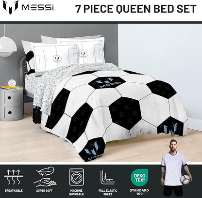 Jay Franco Kids Comforter Set Includes Sheets and Pillow Cover - Soft and Cozy Bed Set for Stylish Room Décor, White - Lionel Messi, 7 Piece Queen