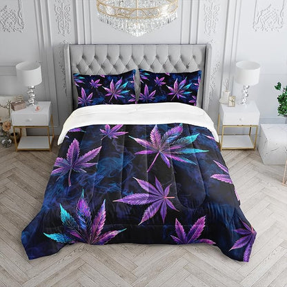 Marijuana Leaf Themed Comforter 3Pcs Queen Tie Dye Weed Leaves Herb Botanical Bedding Set for Kid Teen Girl Boy Adult Room Decor Fog Cannabis Leaves Quilt with 1 Comforter and 2 Pillowcases
