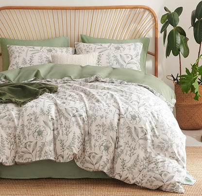 Sage Green Duvet Cover Queen Size Romantic Floral Botanical Bedding Set 3 Pcs for Kids Boys Girls Spring Garden Aesthetic Leaves Soft Breathable Comforter Cover with 2 Pillowcases