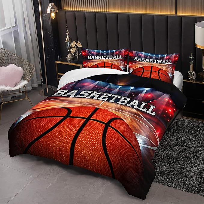 Sports Basketball Print Comforter 3Pcs Full Ball Sport Gaming Basketball Court Bedding Set for Kid Teen Girl Boy Adult Basketball Sport Games Quilt Bed Decor with 1 Comforter and 2 Pillowcases