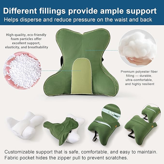 Lumbar Support Pillow for Lower Back Pain Relief – Multi-Functional Ergonomic Lumbar Cushion, Reading Pillow for Office Chair, Car Seat & Sofa,Olive Green
