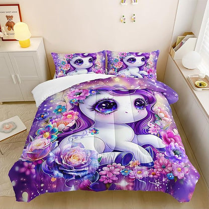 Girls Purple Cartoon Unicorn Comforter Set for Kids Girls Toddlers, Pink Flower Comforter Set Queen Size, 3Pcs Cartoon Kawaii Unicorn Quilte Set Room Decorative