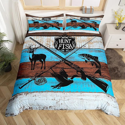 Deer Bird Fish Animal Hunting Bedding Set Queen Size,Hunt Fish Themed Duvet Cover Set for Children Bedroom Present, Rustic Blue Wooden Board Microfiber Comforter Cover with 2 Pillowcases