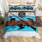 Deer Bird Fish Animal Hunting Bedding Set Queen Size,Hunt Fish Themed Duvet Cover Set for Children Bedroom Present, Rustic Blue Wooden Board Microfiber Comforter Cover with 2 Pillowcases
