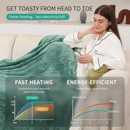 ESTINGO Full Electric Blanket, Heated Electric Blanket with Flannel and Sherpa, Washable Plush Heated Blanket with 6 Heating Levels & 1-10 Hours Auto Off, 72" x 84", Forest Green