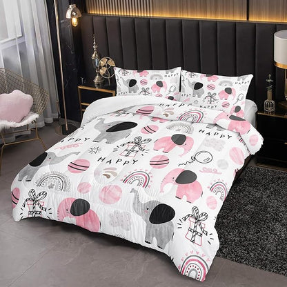 Pink Elephant Comforter Set Twin Size, Rainbow and Balloon Comforter for Kids Girls, Cute Cartoom Animal Soft Comforter Set with 1 Comforter+2 Pillowcases for Bedroom Bed Deco