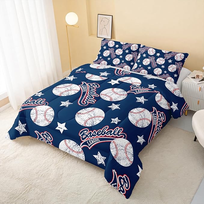 QOOMO 3D Baseballs Comforter King Size,Blue Baseball Kids Comforter Set,3Pcs Bedding Set Printed Comforter with 2 Pillowcases,Down Alternative,Soft and Lightweight,for All Seasons