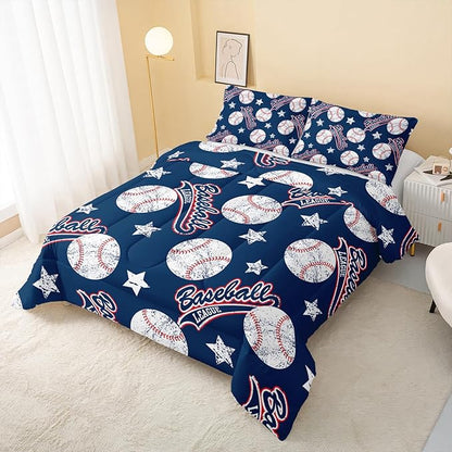 QOOMO 3D Baseballs Comforter King Size,Blue Baseball Kids Comforter Set,3Pcs Bedding Set Printed Comforter with 2 Pillowcases,Down Alternative,Soft and Lightweight,for All Seasons