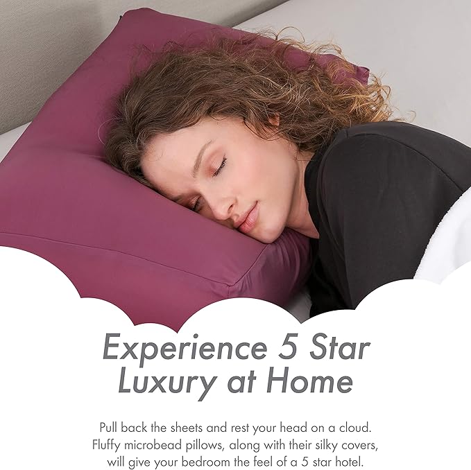 PILLOWY Premium Microbead Bed Pillow, X-Large Extra Fluffy But Supportive - Ultra Comfortable Sleep with Silk Like Anti Aging Cover 85% Spandex/ 15% Nylon Breathable, Cooling Burgundy Merlot