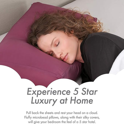 PILLOWY Premium Microbead Bed Pillow, X-Large Extra Fluffy But Supportive - Ultra Comfortable Sleep with Silk Like Anti Aging Cover 85% Spandex/ 15% Nylon Breathable, Cooling Burgundy Merlot