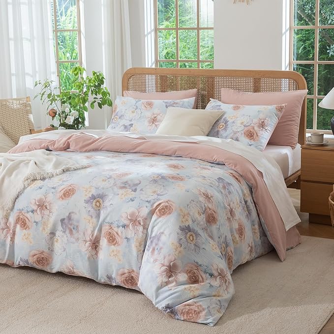 Jane yre Duvet Cover Queen Floral Soft Brushed Microfiber Crinkle Gauze 3 Pieces Bedding Set, Garden Style Peony Pattern Queen Duvet Cover Floral, with Zipper Closure Luxury Breathable Comfy