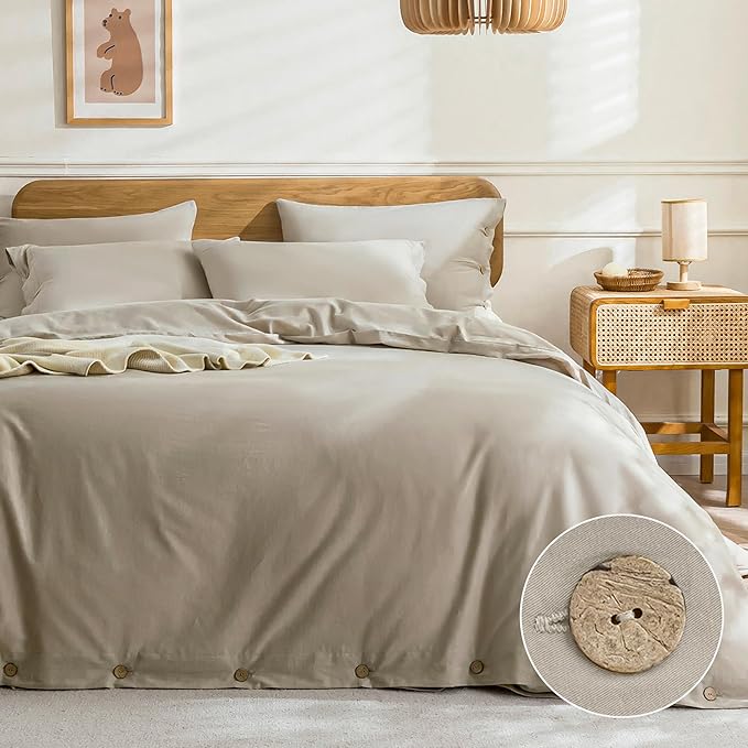 JELLYMONI Cotton Duvet Cover Twin Size - Linen Gray Comforter Cover with Button 100% Washed Cotton 2PCS Breathable Soft Solid Bedding Set Duvet Cover 68×90in & 1 Pillowcase (NO Comforter)