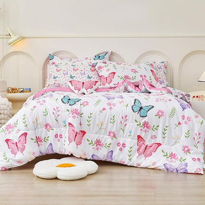 Mooreeke Full Size Comforter Sets for Girls Kids, 8 Pieces Bed in a Bag Flower Butterfly Bedding Comforter Sheet Set with Shams and Decorative Toy Pillow, Ultral Soft Microfiber Kids Bed Set
