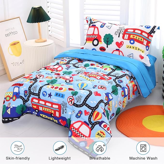 Wowelife Car Toddler Bedding Sets for Boys Blue, Premium 4 Piece Car Toddler Bed Sets for Boys, Super Soft and Comfortable for Toddler, Crib Bed 28 x 52 Inch, Transportation