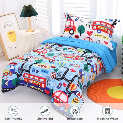 Wowelife Car Toddler Bedding Sets for Boys Blue, Premium 4 Piece Car Toddler Bed Sets for Boys, Super Soft and Comfortable for Toddler, Crib Bed 28 x 52 Inch, Transportation