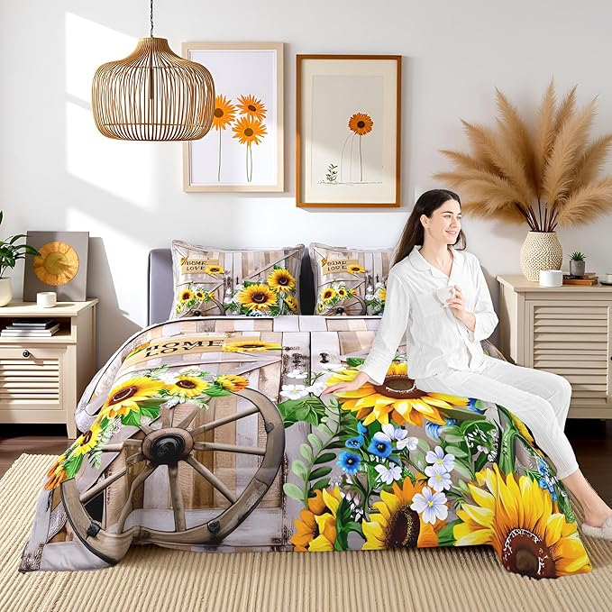 Sunflower Bedding Set Queen Size Rustic Farmhouse Comforter Set Spring Flowers Quilt Set 3pcs for Kids Girls Women Boys Room Decor Home Themed Barn Door Duvet Insert with 2 Pillowcases