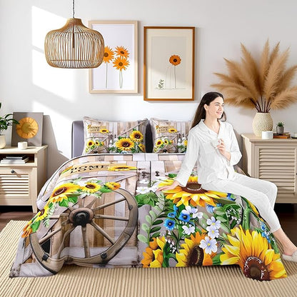 Sunflower Bedding Set Queen Size Rustic Farmhouse Comforter Set Spring Flowers Quilt Set 3pcs for Kids Girls Women Boys Room Decor Home Themed Barn Door Duvet Insert with 2 Pillowcases