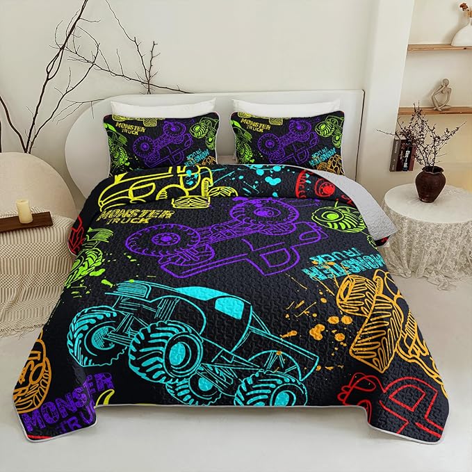 QOOMO Truck Quilt Set Full/Queen Size,Car Bedspread Coverlet Set,Vehicle 3Pcs Bedding Set Printed Quilt with 2 Pillowcases,Soft and Lightweight,for All Seasons