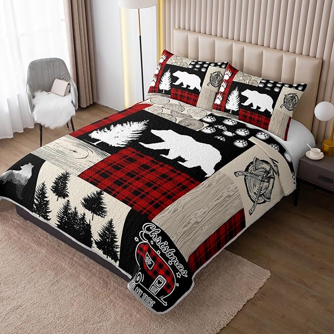 QOOMO Farmhouse Quilt Set Full/Queen Size,Hunting Bedspread Coverlet Set,Bear 3Pcs Bedding Set Printed Quilt with 2 Pillowcases,Soft and Lightweight,for All Seasons