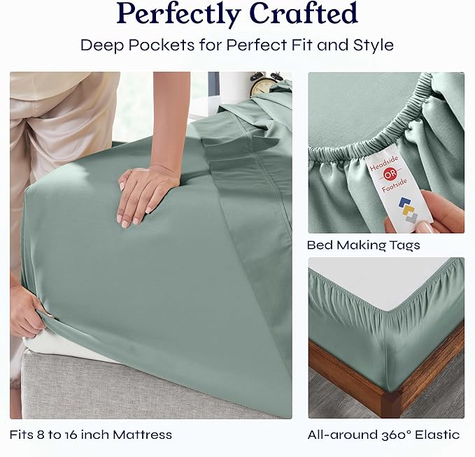 California Design Den Queen Sheet Set - Soft 400 Thread Count Sateen, Natural 100% Cotton Sheets, Deep Pockets with All Around Elastic for a Snug Fit, Durable Bedding Set - Sage Green