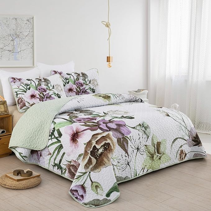 Floral Quilt Set Full 3 Pieces Boho Green Floral Quilt Coverlet Set Soft Microfiber Lightweight Green Quilted Bedspread for All Season 80"x90"