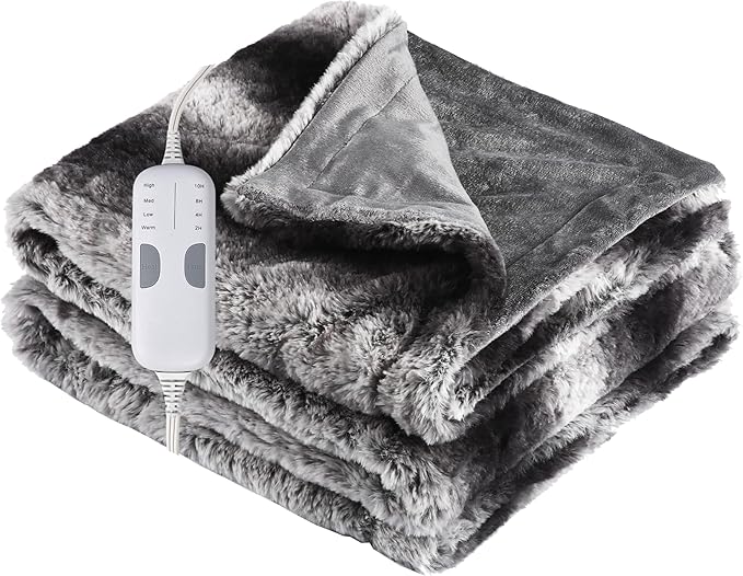 Soypipo Electric Heated Throw Blanket 50"x60", Grey White Striped Faux Fur Plush with 4 Heat Settings & 2/4/8/10H Auto Shut-Off, Overheat Protection, Machine Washable