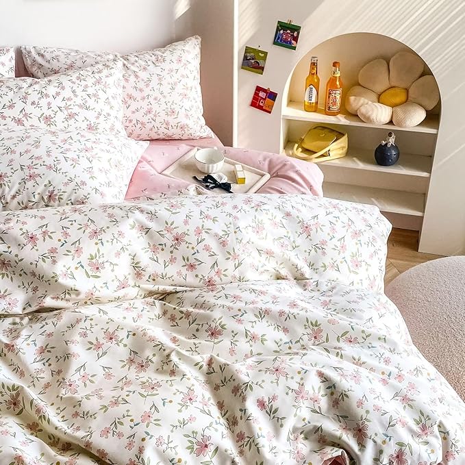 BuLuTu Pink Floral Duvet Cover Twin 100% Cotton Duvet Covers Set for Women Teen Girls Apricot Blossom Pink Flowers Reversible Twin Comforter Cover Garden Style Bedding Set,Zipper,Easy Care