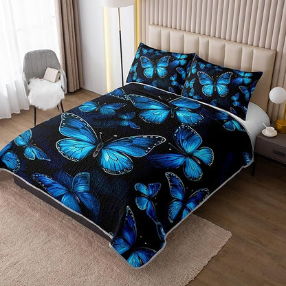 King Size Quilt Set,Blue Butterfly Botanical Pattern Bedding Set,3 Piece Lightweight Soft Summer Quilted Bed with 2 Pillowcases for All Season.