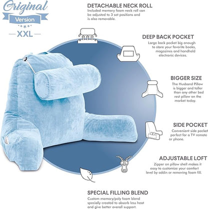 Husband Pillow XXL – Reading Pillow Bed Chair with Arms & Back Support – Sky Blue - Back Pillow for Beds Sitting Up – Bed Rest Arm Pillow – Comfy Reading Pillow for Adults