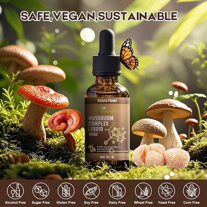 Vegan Immune Mushroom Tincture Supplement,7 in 1 Mushroom Extract Liquid Drops with Lion's Mane,Shiitake,King Trumpet,Turkey Tail,Reishi,Chaga & Cordyceps 2 fl oz (60 Servings)