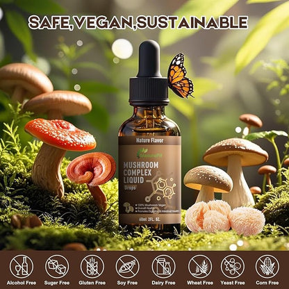 Vegan Immune Mushroom Tincture Supplement,7 in 1 Mushroom Extract Liquid Drops with Lion's Mane,Shiitake,King Trumpet,Turkey Tail,Reishi,Chaga & Cordyceps 2 fl oz (60 Servings)