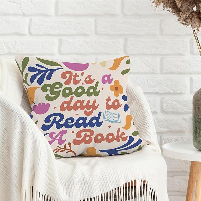 Floral It's A Good Day to Read A Book Decorative Throw Pillow Covers, Read Reading Pillows Covers for Kids, Trendy Pillow Cases Decor for Library Reading Nook Corner Couch Bedroom 18x18in