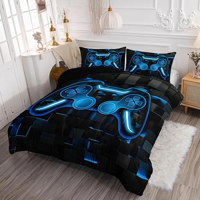Axolotl Gamepad Comforter Set King Size,Boys Gaming Console Comforter,3D Blue Grid Print Bedding Set,Modern Gaming Controller Geometry Bedding for Adult Teens Men,1 Quilt 2 Pillowcases,Blue Black