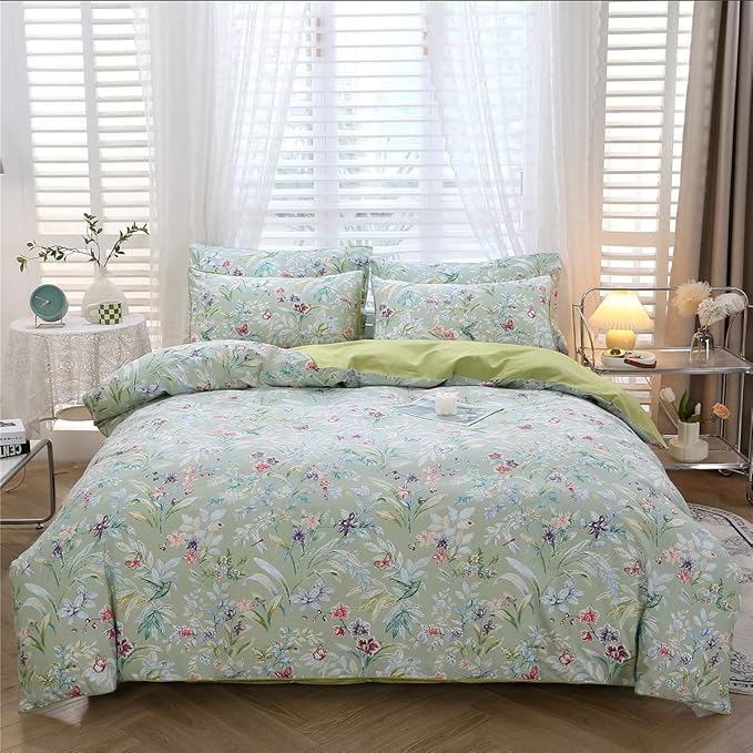 URBONUR Green Floral Duvet Cover Set Full Size 100% Egyptian Cotton Percale Bedding Set Farmhouse Butterfly Print Comforter Cover with Button Closure (3Pcs, Full)