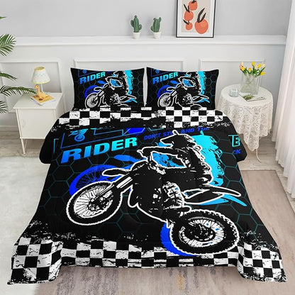 Kids Comforter Set Motocross Printed Pattern Bedding Set with 1 Comforter and 2 Pillowcases for Girls Boys Bedroom All Season(Motocross02 Queen)