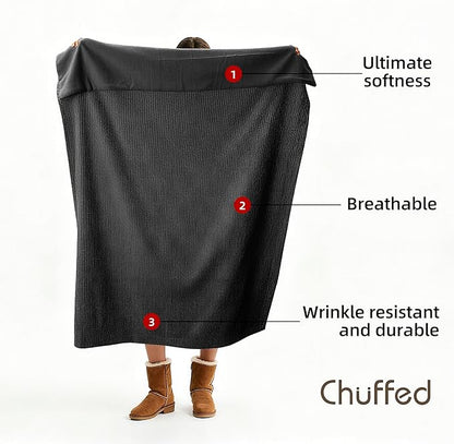 CHUFFED Cotton Waffle Blanket Queen Size - Plush Milk Velvet & Reversible Waffle Weave,Anti-Static 500Gsm Design，Thick Cozy Soft Winter Blanket for Bed, Couch, Sofa - Dark Grey, 90x90 Inches