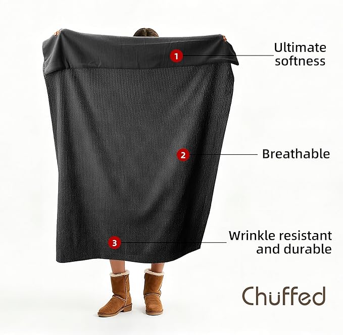 CHUFFED Cotton Waffle Blanket Throw Size - Plush Milk Velvet & Reversible Waffle Weave,Anti-Static 500Gsm Design，Thick Cozy Soft Winter Blanket for Bed, Couch, Sofa - Dark Grey, 50x70 Inches