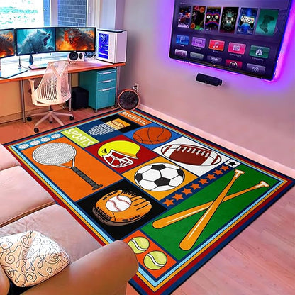 Sports Rugs for Boys Bedroom - 5'x7' Football & Soccer, Baseball, Basketball Rug for Boys Bedroom Decor Kids Carpet Soccer Carpet for Living Room Playroom Floor Mat Home Decor, 5x7 Feet