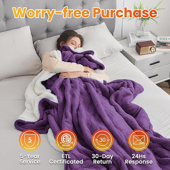 WOOMER Electric Heated Blanket Twin Size, Soft Flannel Fast Heating Blanket, Purple Color, 62"x 84", 10 Heating Levels & 0.5-12H Auto Off, Over-Heat Protection