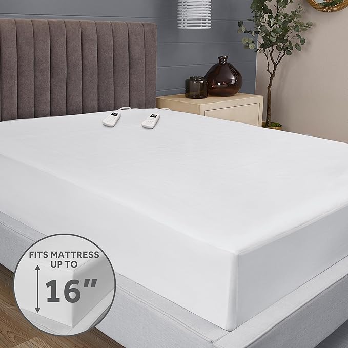 Sunbeam Electric Heated Mattress Pad King 80" x 76" 12 Heat Settings 12-Hour Auto Shut-Off Fast Heating Soft Cozy Fabric Deep Pocket Skirt Machine Washable