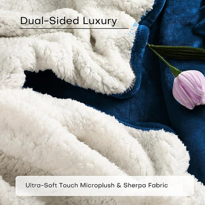 Heated Electric Blanket Throw Size 50"x60" Thickened Flannel and Sherpa Heated Blanket,3 Hours Timer Auto-Off & 5 Heating Levels,for Bedroom Office Couch-DarkBlue