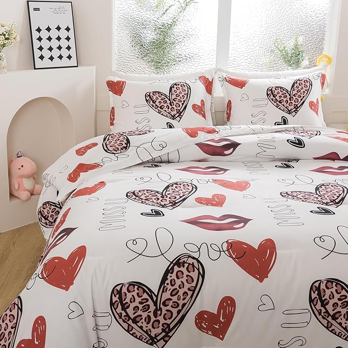 Caressma Heart Print Comforter Set Full Size, Lips Love Print Teens Romantic Comforter Sets for Girls, Red and Leopard Sexy Heart Pattern Bedding Comforter Set for Valentine's Day