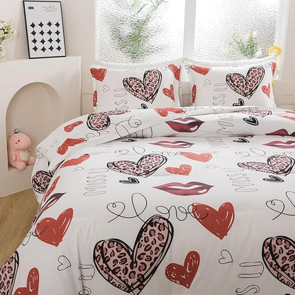 Caressma Heart Print Comforter Set Full Size, Lips Love Print Teens Romantic Comforter Sets for Girls, Red and Leopard Sexy Heart Pattern Bedding Comforter Set for Valentine's Day